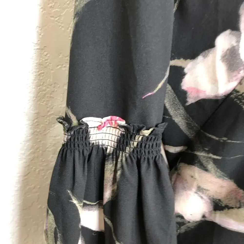WHBM black pink floral v neck bell sleeve dress size 10